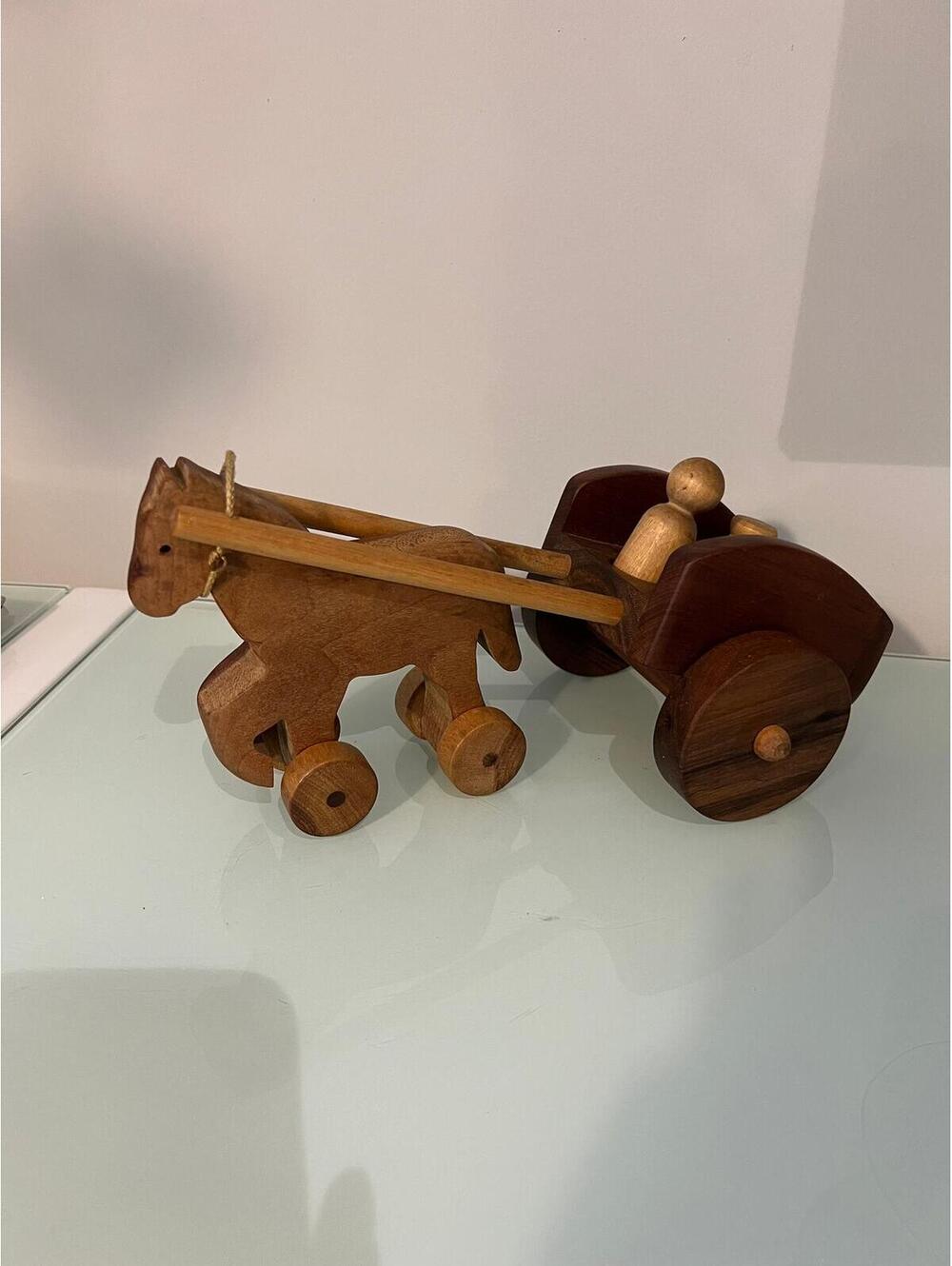 Vintage Handmade Wooden Horse and Carriage Pull Toy with 3 Peg People Figures